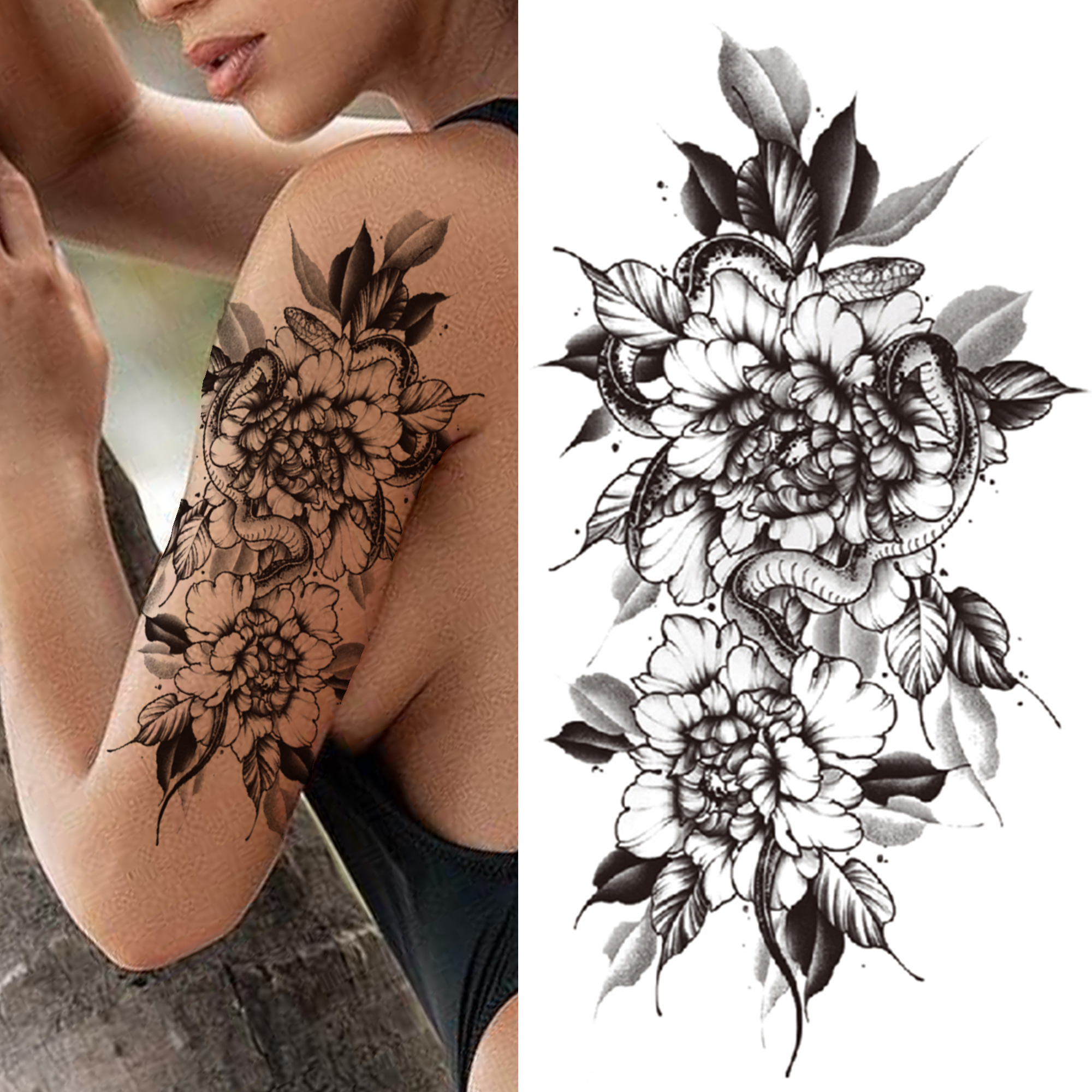 

Waterproof Temporary Tattoos Sticker tattoo Stickers For Women Girls arm Beauty Lily Rose Flower Fake sleeve tatoo Tiger Blossom Orchid Peony Blooming Tatoos Black