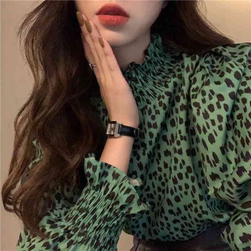 

women spring elegant green leopard long sleeve fashion blouse female ruffle print vintage 210517, Dark green
