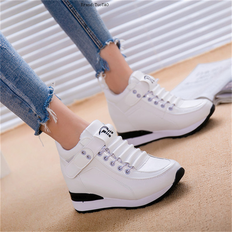 

New Women Casual Shoes Autumn Platform Hidden Increasing Sneakers PU Leather Shoes Woman Breathable White Black Shoes