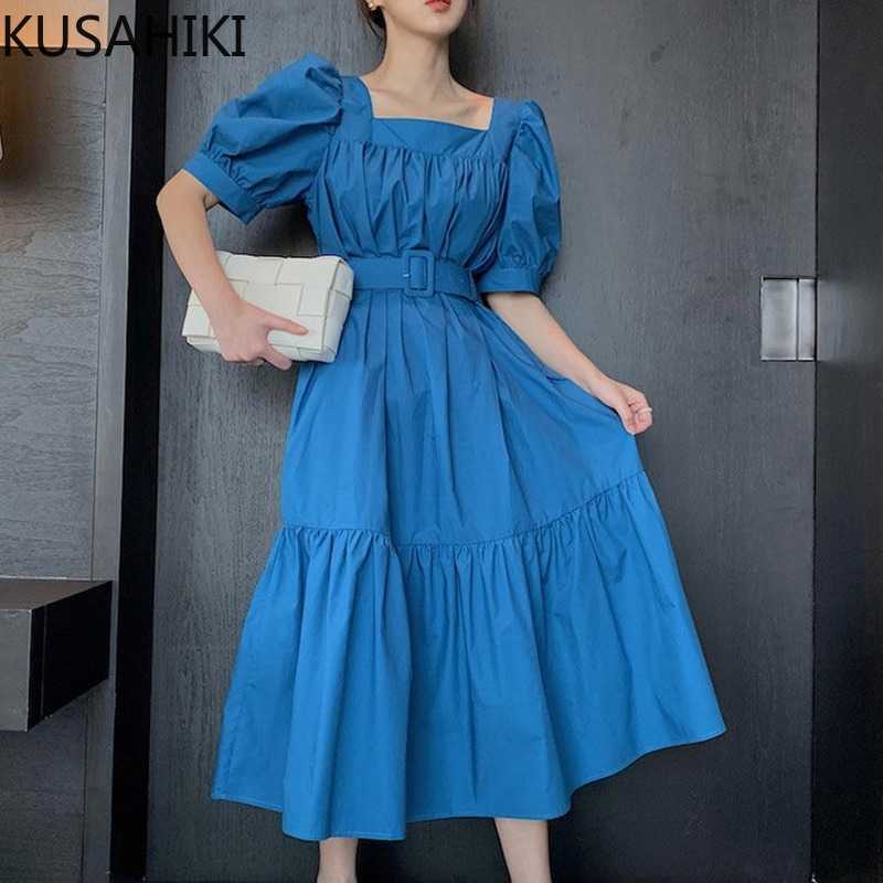 

KUSAHIKI Square Collar Puff Sleeve Woman Dress Korean Solid Patchwork Dresses Belt Slim Waist A-line Sweet Vestidos 6H711 210602, White