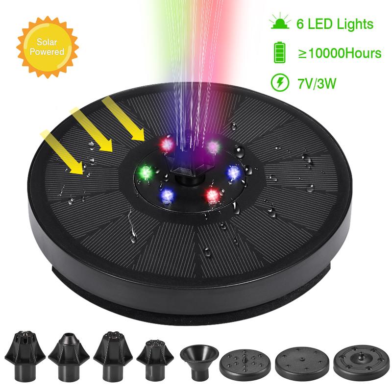 

7V/3W Solar Fountain IP68 Waterproof Pools Fountains Colorful 6 Lights Swimming Pump Panel Powered Garden Decor Decorations
