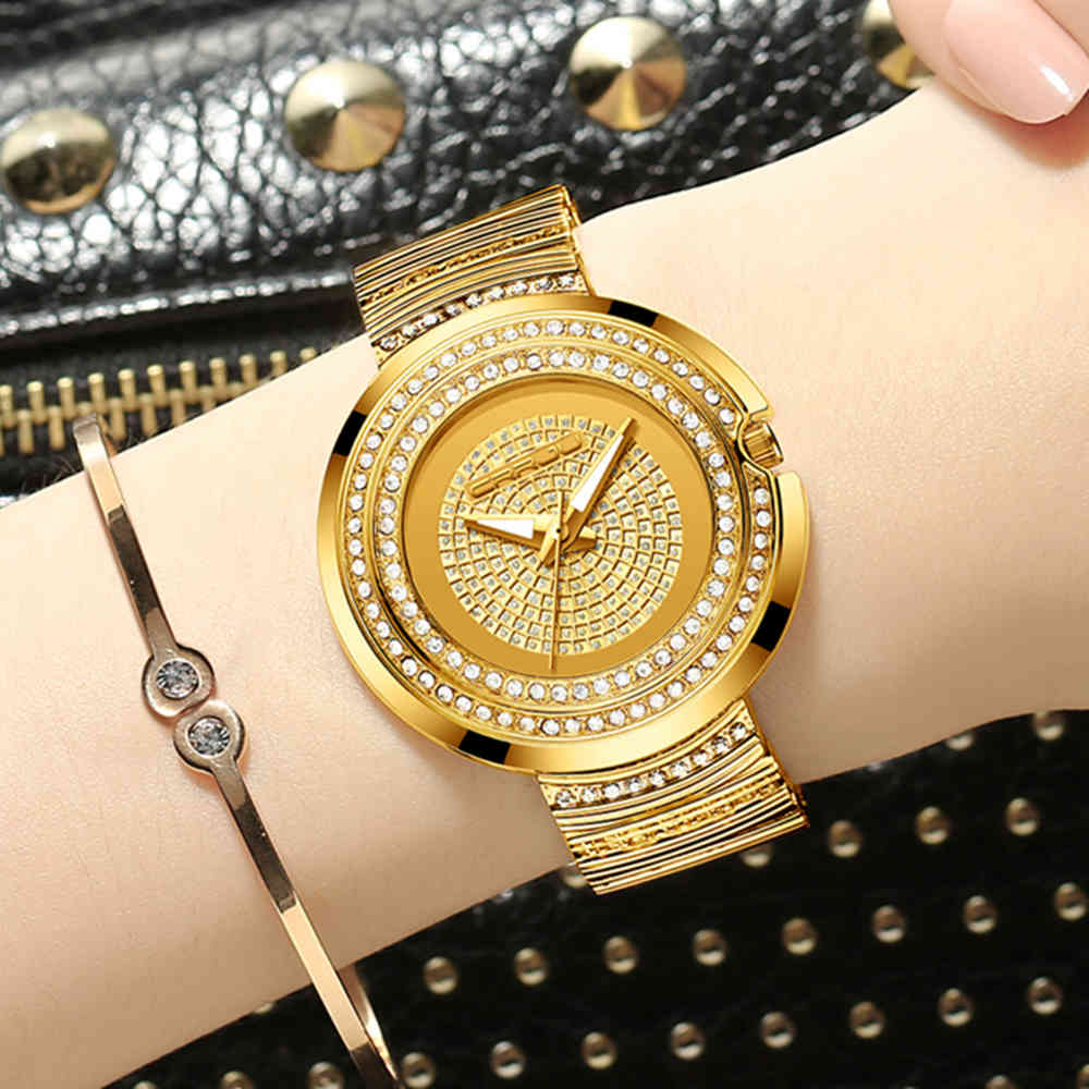 

CRRJU Women minimalist analog Quartz watches Ladies Elegant Luxury Crystal Diamond WristWatch Female Waterproof Gold Band Clock 210517, Golden