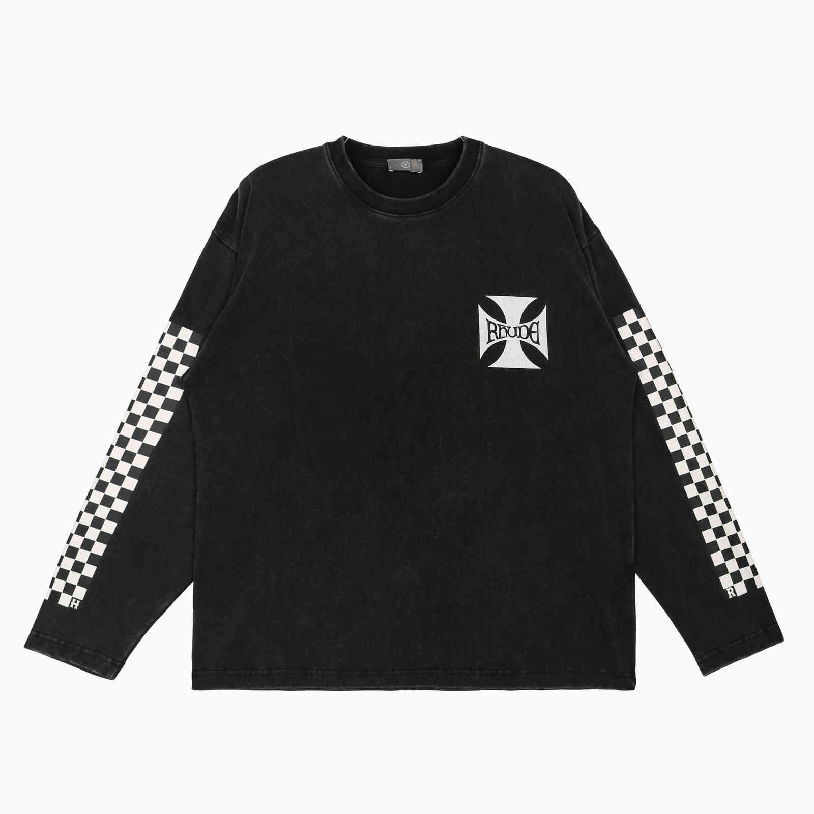 

Men Women High Quality Vintage Long Sleeve T Shirt Checkered Cross Printing Tee Tops 2021fw RHUDE T-Shirt, Black