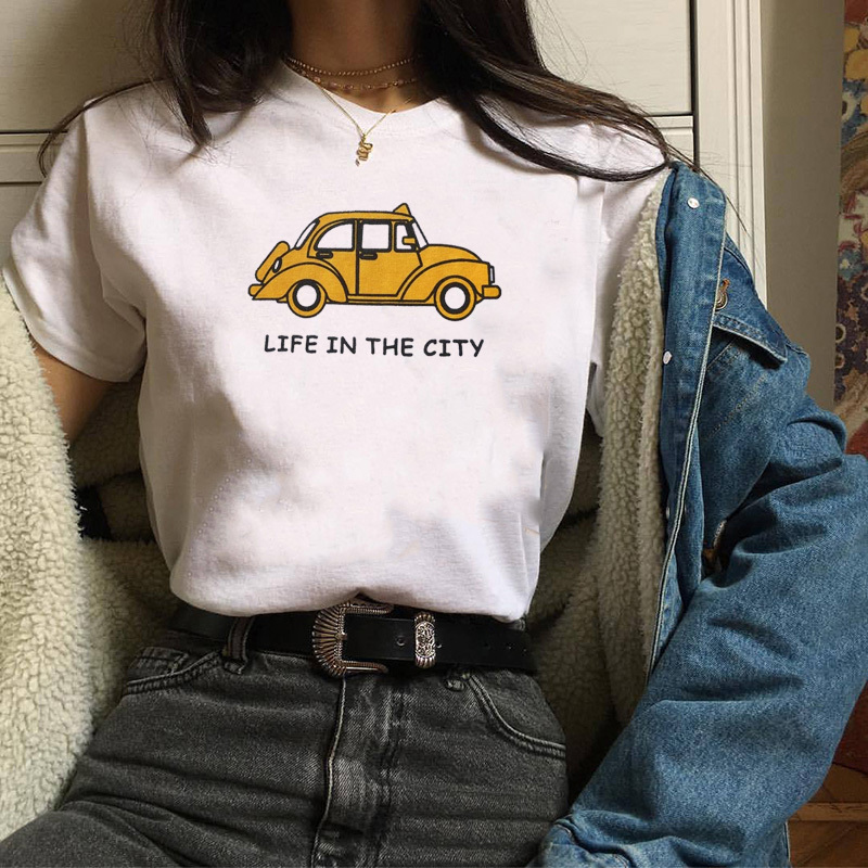

Life In The City Car Graphic Tee Korean Fashion Kawaii Cute Unisex Men Women T-Shirt Tumblr Oversized Casual Funny Summer Tops 210518, White