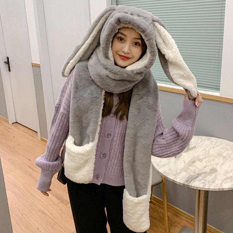 

Hats, Scarves & Gloves Sets Fashion Hat Long Ears Scarf Glove 3 Piece Women Big Ear Winter Warm Soft Plush Thickening Pocket Ca