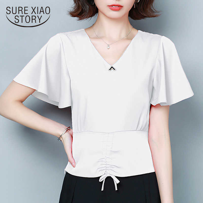 

Summer Plus Size Women Shirt Fashion Short Sleeve V-neck Waist Hugging Chiffon Blouse Women White Blouse Blusas 9047 50 210527, Red