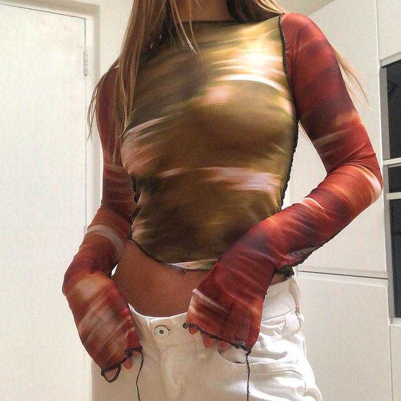 Women's T-Shirt Ladies Printed T-shirts Autumn Spring Pullovers Street Y2K Women Round Collar Long Sleeve Mesh Slim Fit Crop Top Irregular H
