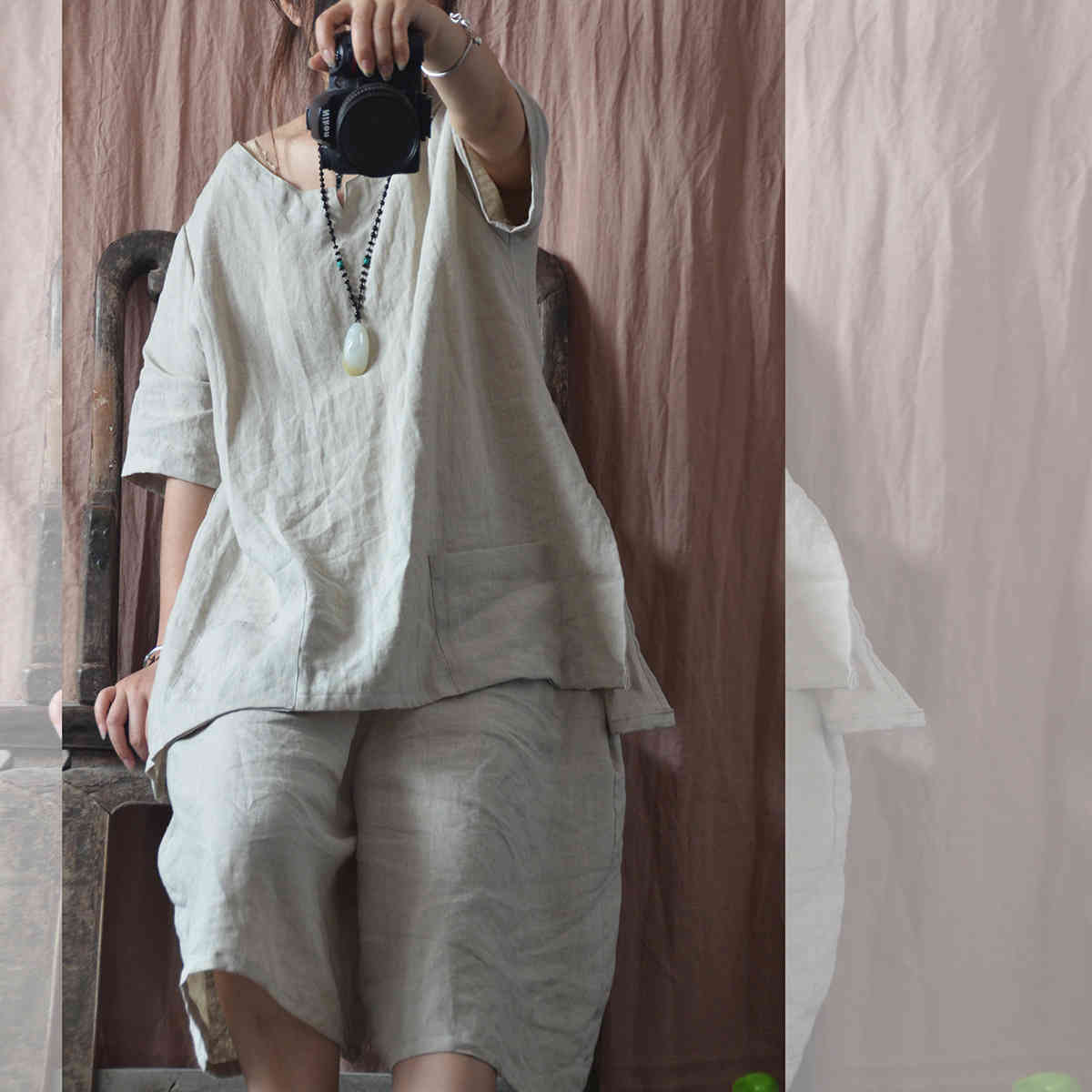 

Johnature Summer Linen T-Shirts For Women Solid Color Loose Pockets Vintage Female Casual Linen T-Shirts 210521, Coffee