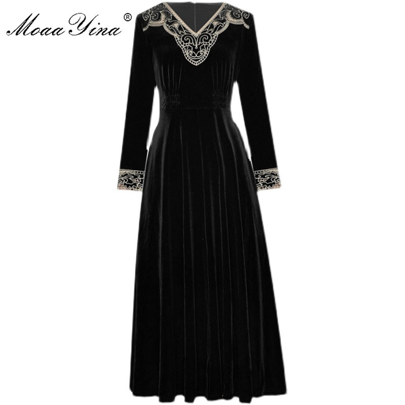 

Fashion dress Spring Women Dress V-neck Long sleeve Vintage Embroidery Velvet Elastic waist Dresses 210524, Black