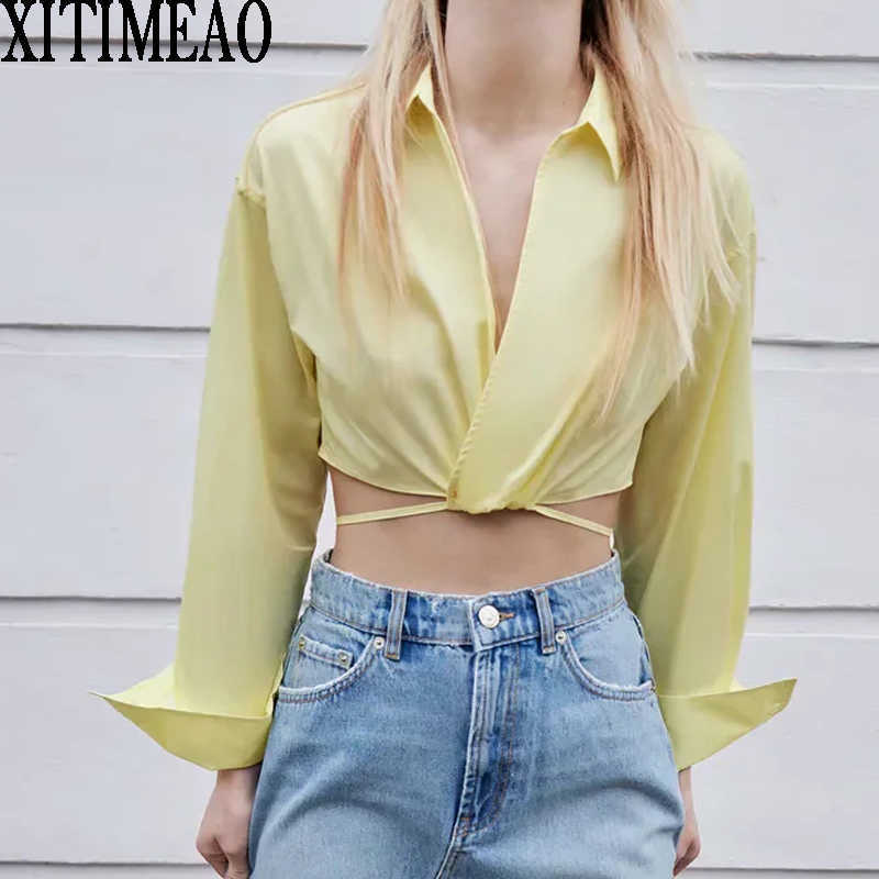 

ZA Sexy V-neck Cross Tie Shirt Long Sleeve Women Bottoming Female High Waist Short Tops XITIMEAO 210604, Yellow