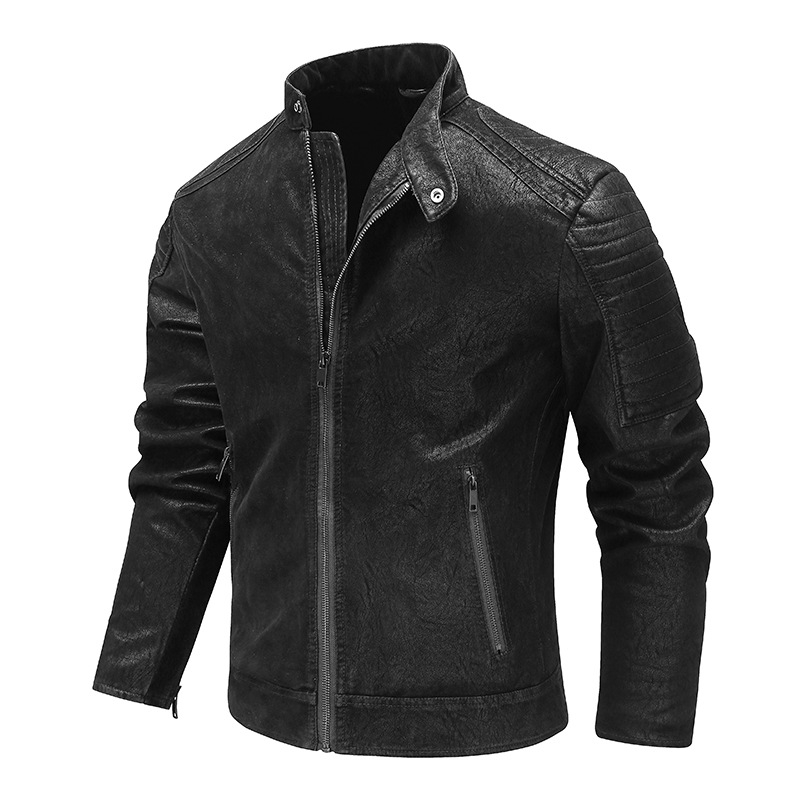 

2021 new men' clothes flocked pattern washed European large simple leather jacket men, Black