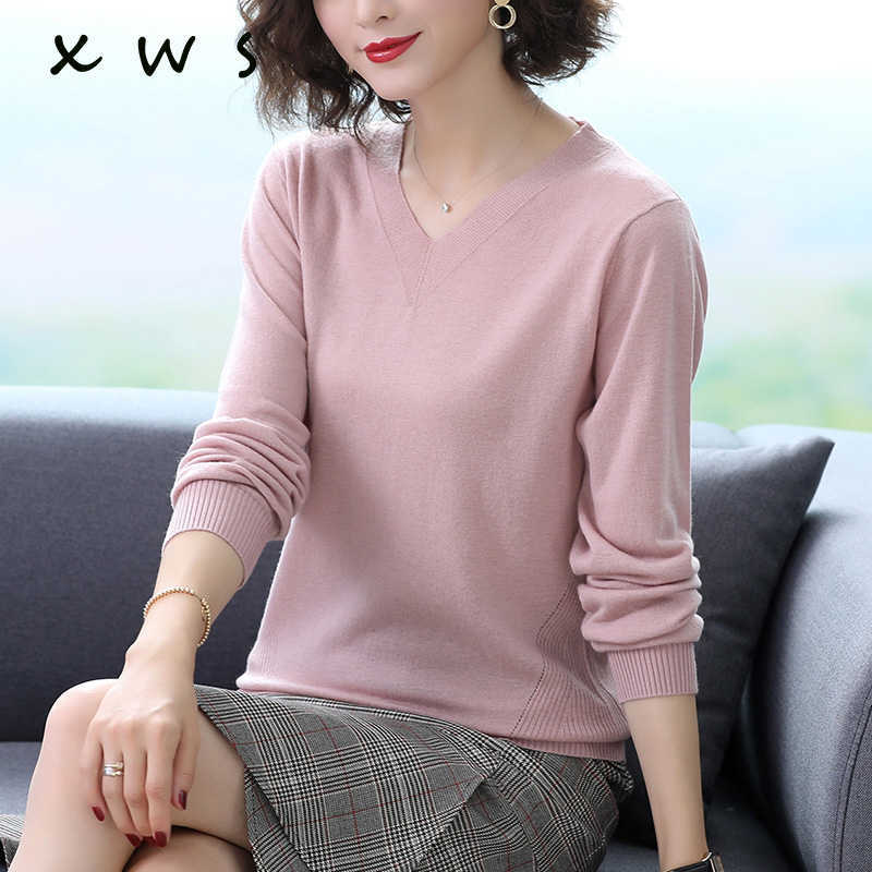 

high quality Spring Autumn V Neck Knitted Pullovers Women Slim basic Sweater Elastic Solid Color Jumpers female women sweater 210604, Black