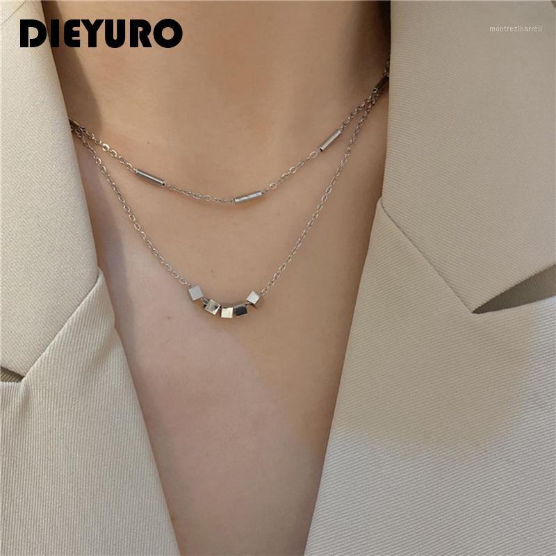 

Chains DIEYURO 316L Stainless Steel Fashion Double-layer Square Gold Pendant Thin Women Necklace Exquisite Gorgeous Anniversary Gift