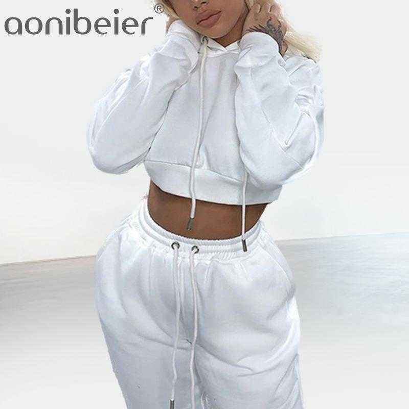 

Women Casual Fitness 2 Piece Sets Tracksuit Sportswear Spring Autumn Long Sleeve Crop Hoodies and Joggers 210604, White