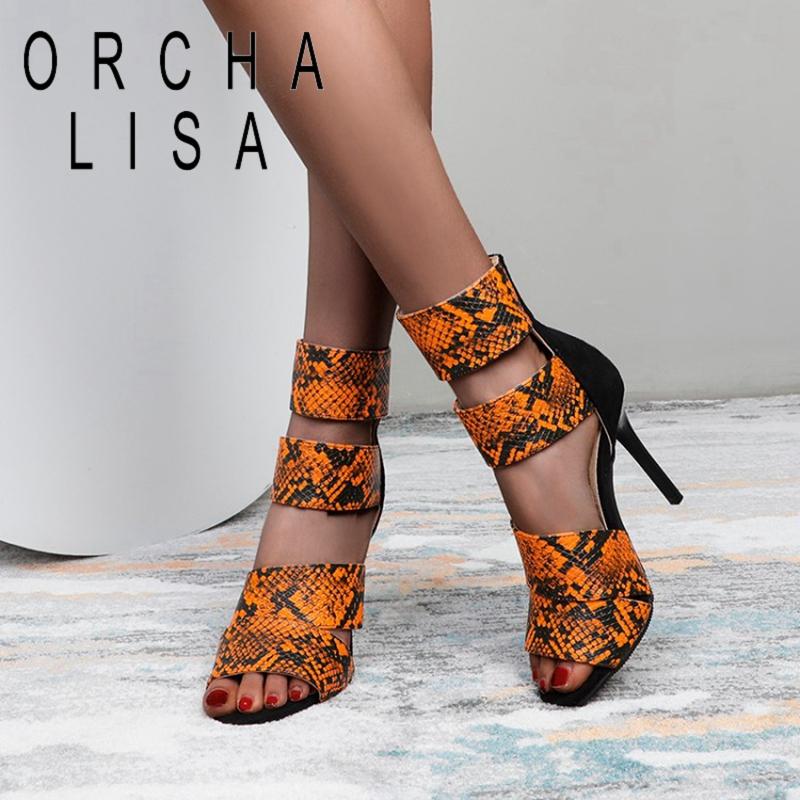 

2021 Women Sandals Open Toe 10cm High Thin Heels Zip Snake-Skin Sexy Breathable Big Size 30-48 Club Green A3486, Black