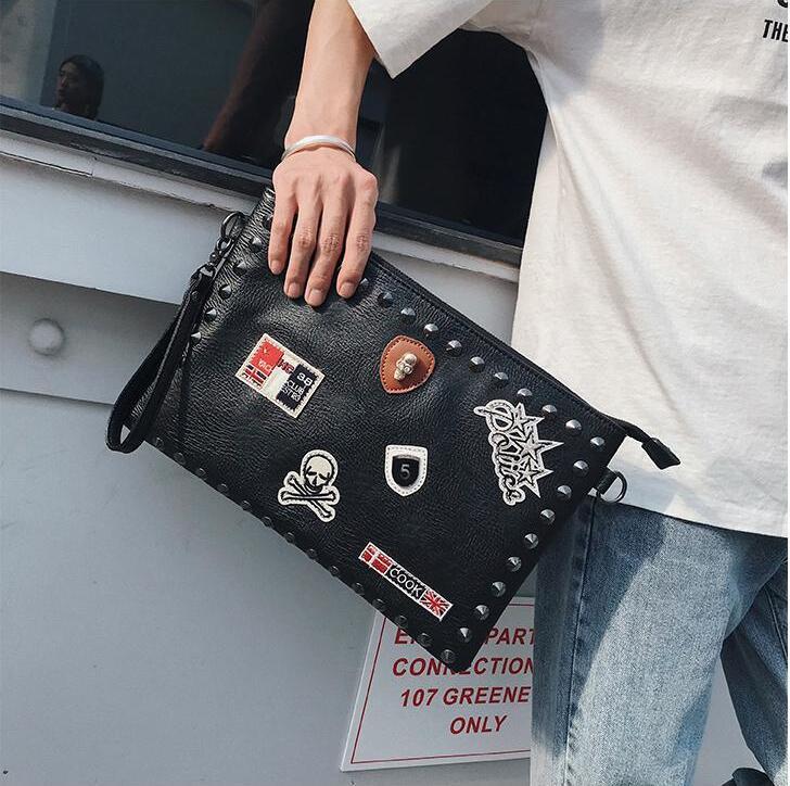 

Factory wholesale fashion man bag street personality rivet mens Hand Shoulder handbags Punk medal leather shoulders bags leathers handbag, Black-9573-small