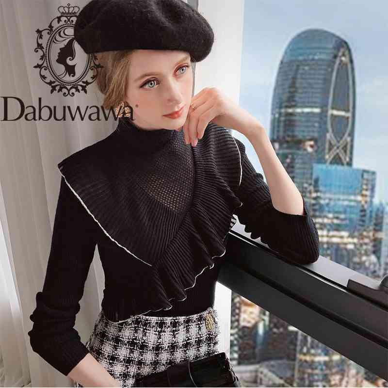 

Dabuwawa Vintage Ruffle Knit Pullover Sweater Women Long Sleeve Mock Neck Winter Sweet Solid Slim Fit Sweaters Female DT1DKT011 210520, Black