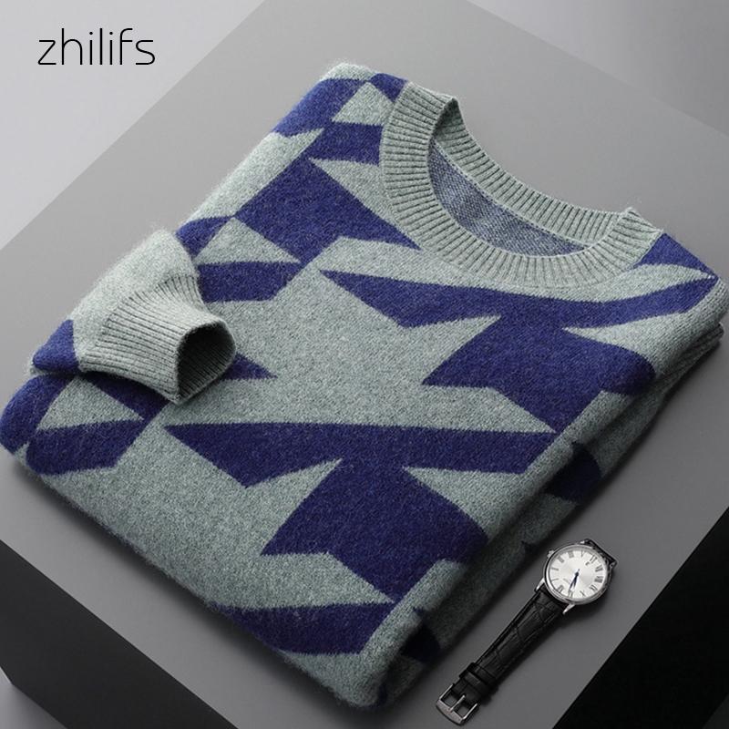 

Men's Sweaters Cashmere Sweater Winter Thick 100 Pure O-neck Diamond Plaid Men Jacquard Loose Large Size, White;black