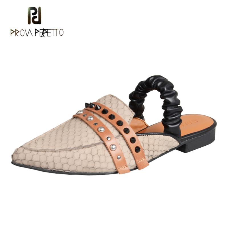 

Slippers Prova Perfetto Low Heel Women Pointed Toe Footwear Slides Females Rivet Stud Genuine Leather Mules Shoes 2021, Black
