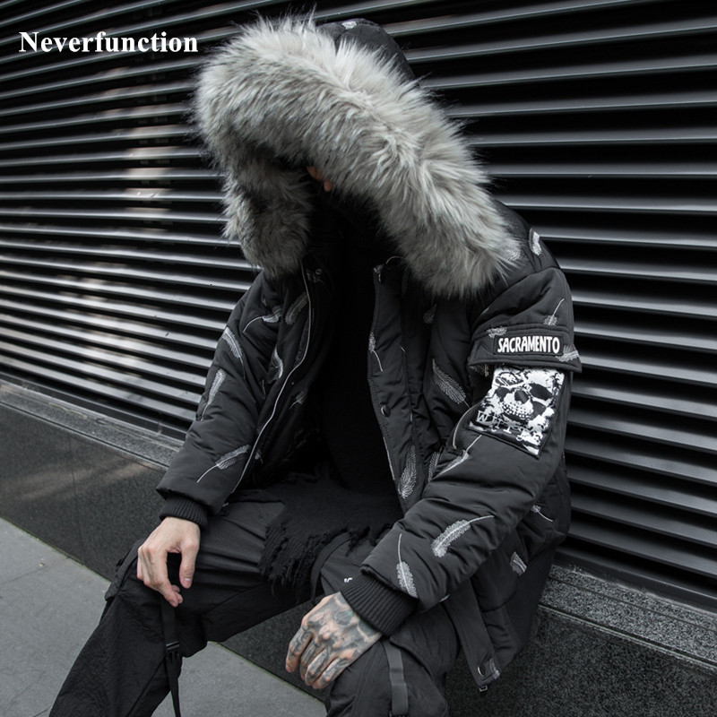 

downs Winter Men black fur collar Embroidery feather Padded Parka jacket fashion Streetwear Oversized Thick warm Hooded Outwear