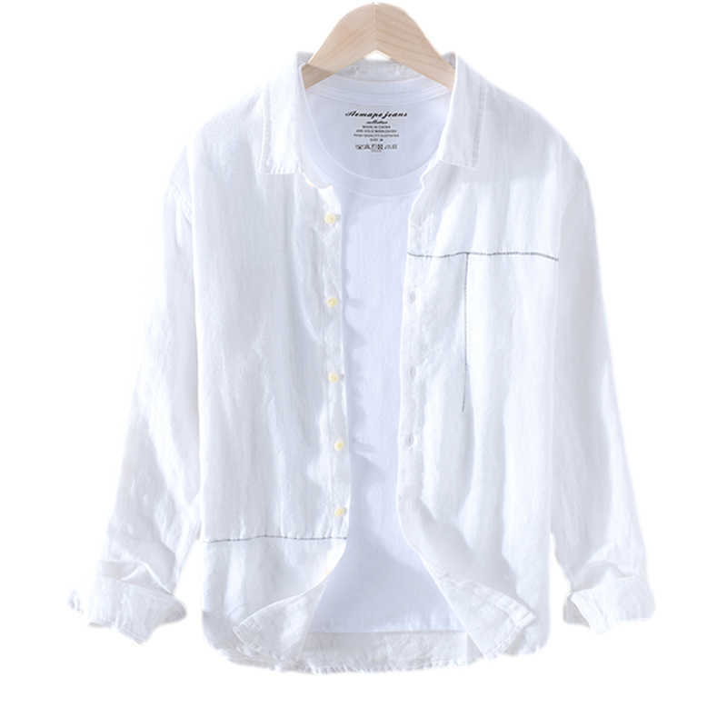 

100% Pure Linen Long Sleeve Shirts for Men Striped Line Breathable Tops Male Turn-down Collar Daily Four Seasons Clothing 210601, Armygreen