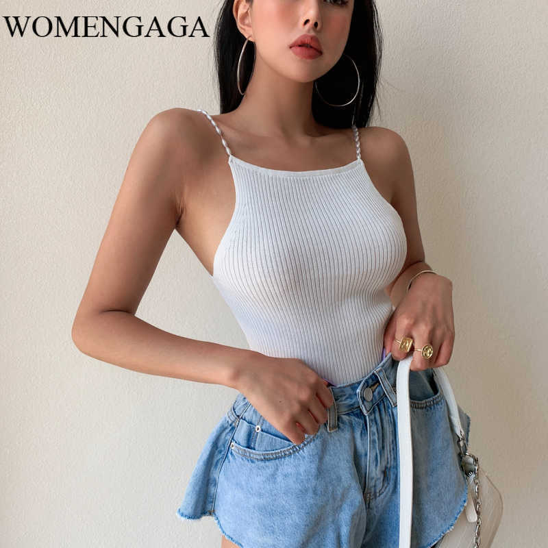 

French Pearl Sling Backless Outer Top Solid Color Knitted Vest Sexy Rivet Tops Tank Knitting Camis Girl Female QZS9 210603, White