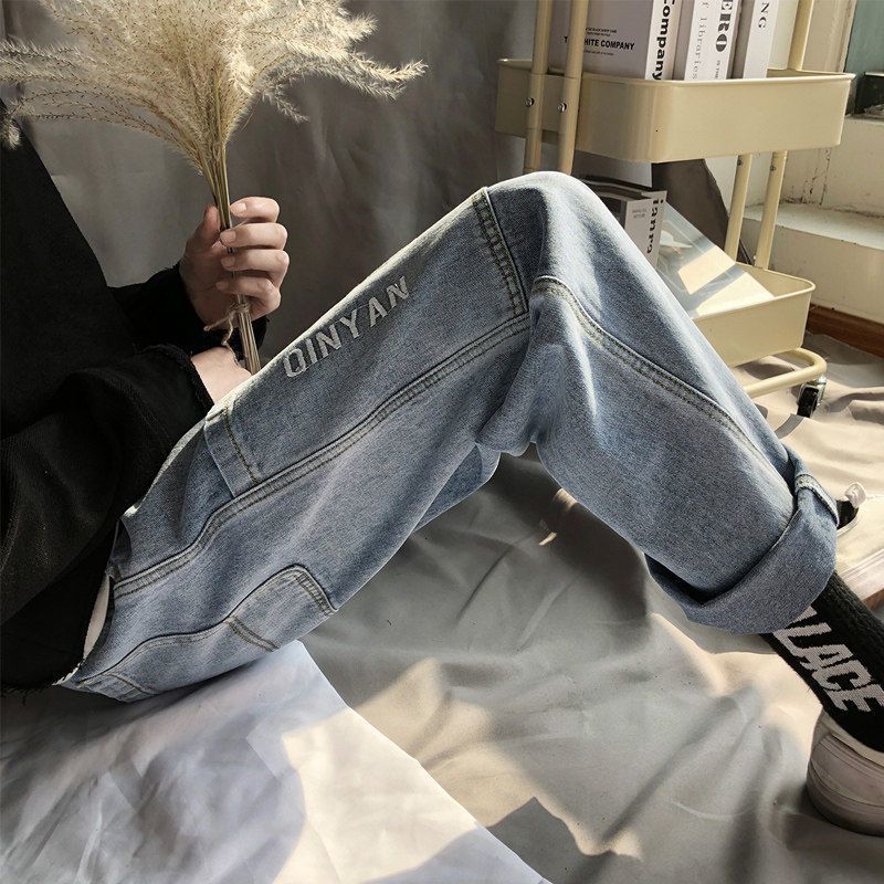 

men's jeans hong kong-style trousers, student trousers with straight embroid letters jeans for men and women, pants cut spring-wide leg, Blue