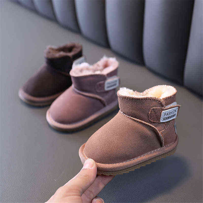 

Winter Children Boots Genuine Leather Warm Plush Cotton Kids Shoes Non-slip Fashion Toddler Baby Shoes 15-25 211108, Brown