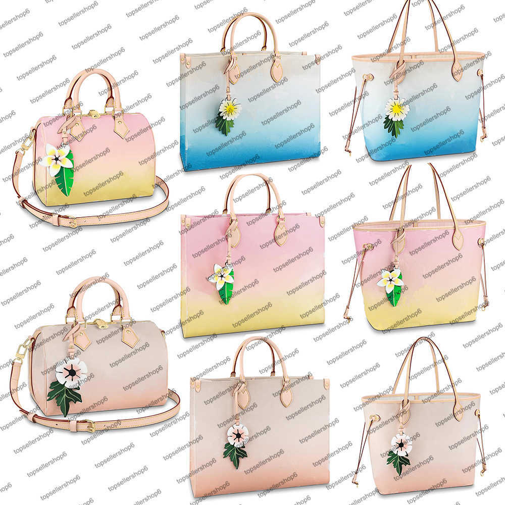 

M57641 Designer Women shopping Bag gradient color Giant canvas flower accessorized cowhide colorful leather ONTHEGO Handbag Purse Tote, 1 m45680 pink/big letter flower print