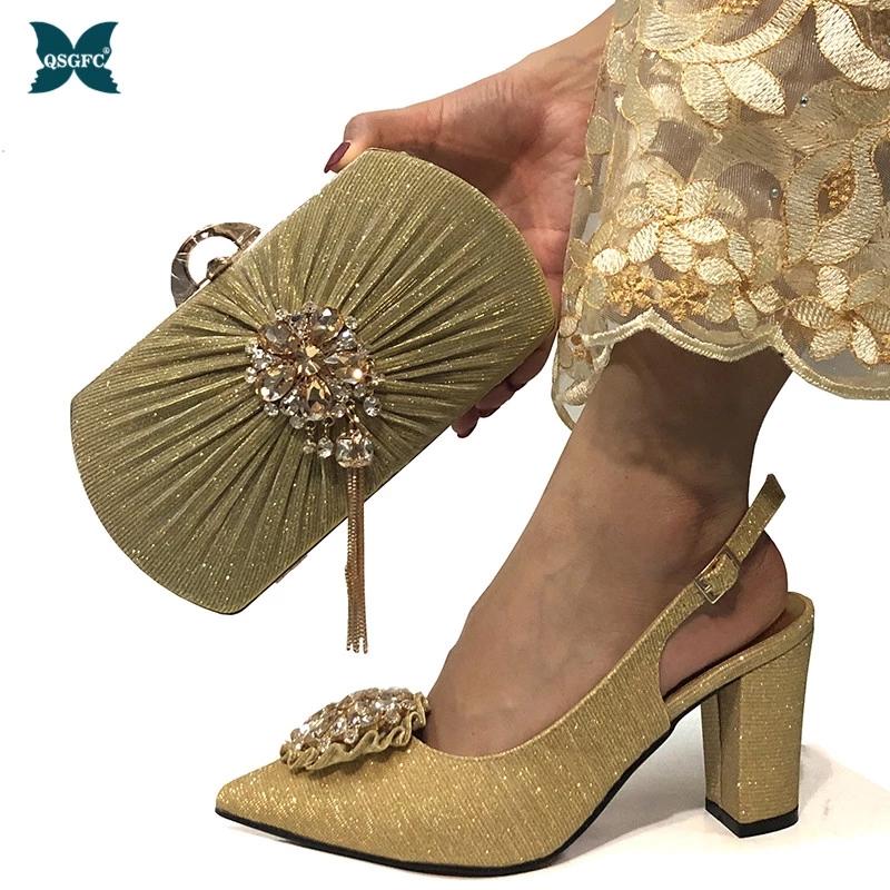 

Italian Design 2021 Arrival Nigerian Fahsion Gold Color Elegant PartyLadies Shoes And Bag Set Decorated With Rhinestone Dress, Black