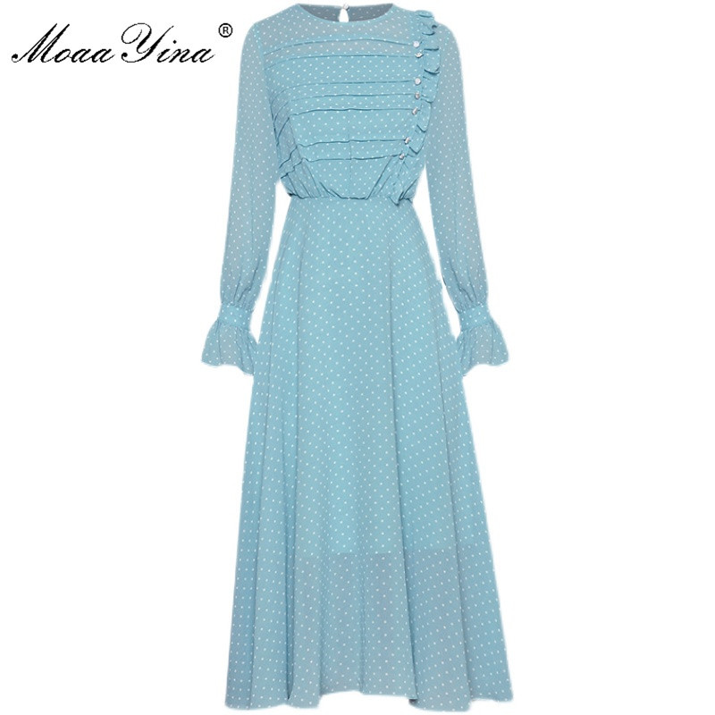 

Fashion Designer dress Spring Summer Women's Dress Long sleeve Ruched Ruffles Dots Chiffon Dresses 210524, Light blue
