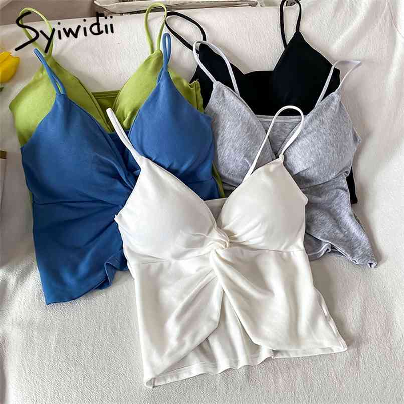 

Folds Tank Top Women V-Neck Casual Sexy Tops Solid White Camis Summer Korean Fashion Short Clothing 210607