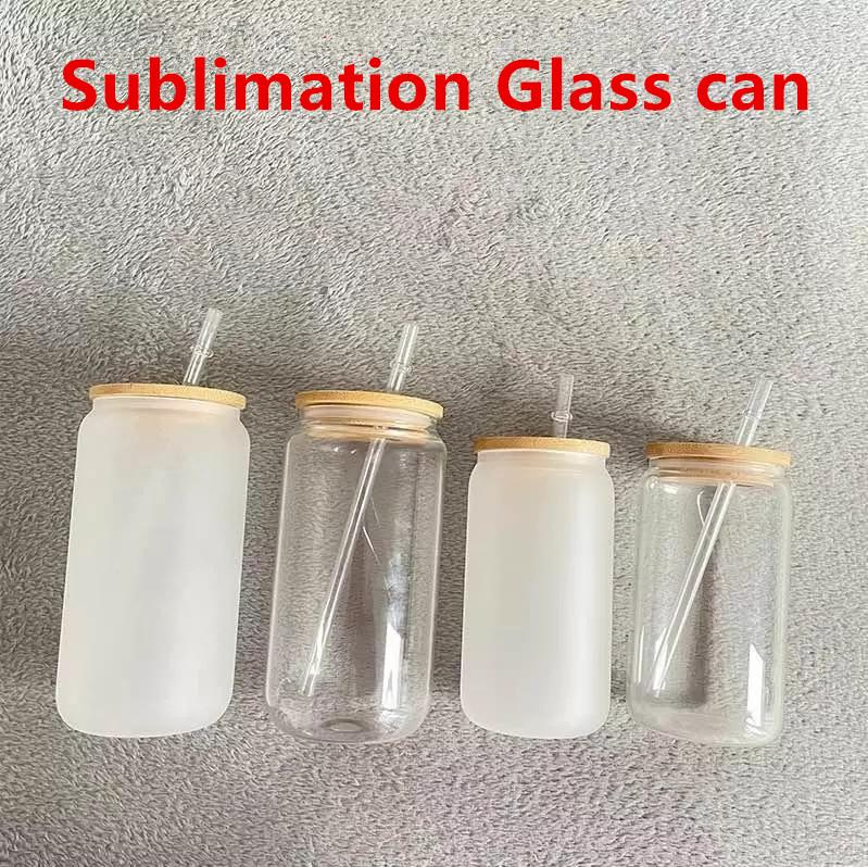 

16oz Sublimation Glass Beer Mugs Can Shaped Glass Cups Tumbler Drinking With Bamboo Lid And Reusable Straw