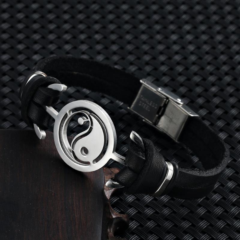 

Fashion Charm Jewelry Stainless Steel Gossip Hollow Carving Yin Yang Fish Cuff Wristband Genuine Leather Bracelet For Men Bracelets, Golden;silver