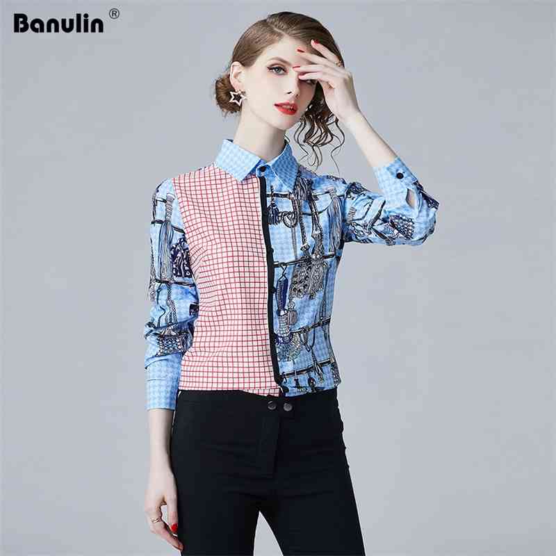 

Banulin Spring Fashion Luxury Print Runway Blouse High Quality Brand Long Sleeve Elegant Work Shirt Women Top Clothes 210603, Blue