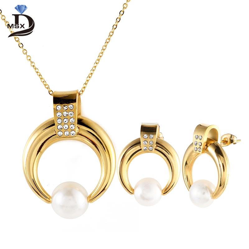 

Earrings & Necklace Trendy Pearl Jewelry Set For Women Female Gold Plating Stainless Steel Earring Circle Luxury Wedding Party Gift, As pic
