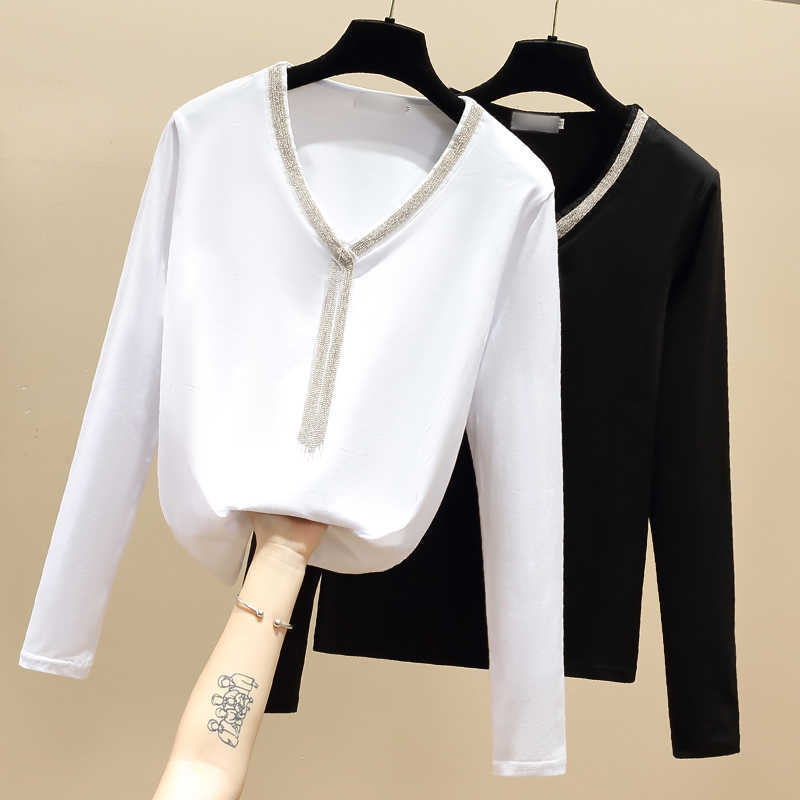 

Long Sleeve T shirt Women Tshirt Cotton Korean Style White V-Neck Beading T-shirt Women Clothes Tee Shirt Femme 210604