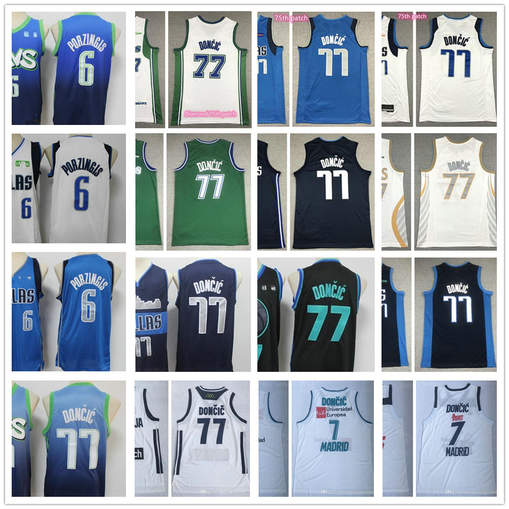 

2021-22 New City Diamond 75TH Basketball Doncic Jerseys Stitched 6 Kristaps 77 Luka Porzingis Team Blue White City Navy Earned Green Black Gold 7 College Sports Jersey, As the picture