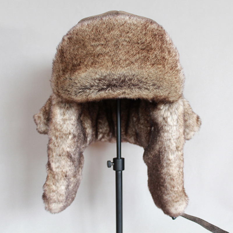 

Bomber Hats Winter Men Warm Russian Ushanka Hat with Ear Flap Pu Leather Fur Trapper Cap Earflapg, Brown