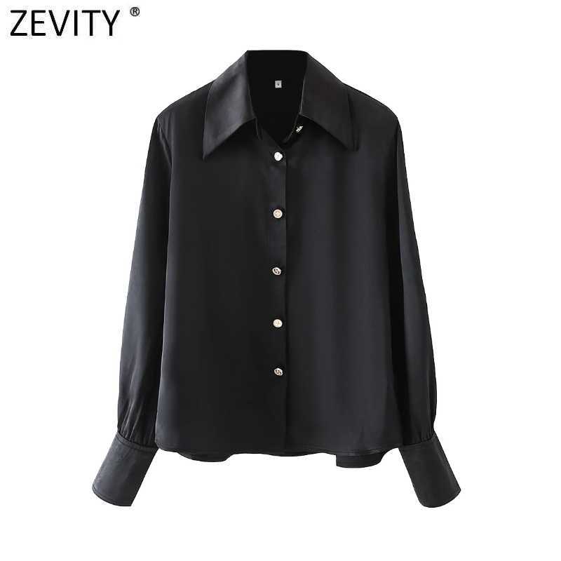 

Zevity Women Fashion Golden Breasted Buttons Black Smock Blouse Office Ladies Long Sleeve Shirt Chic Blusas Tops LS7639 210603, As pic ls7639dt