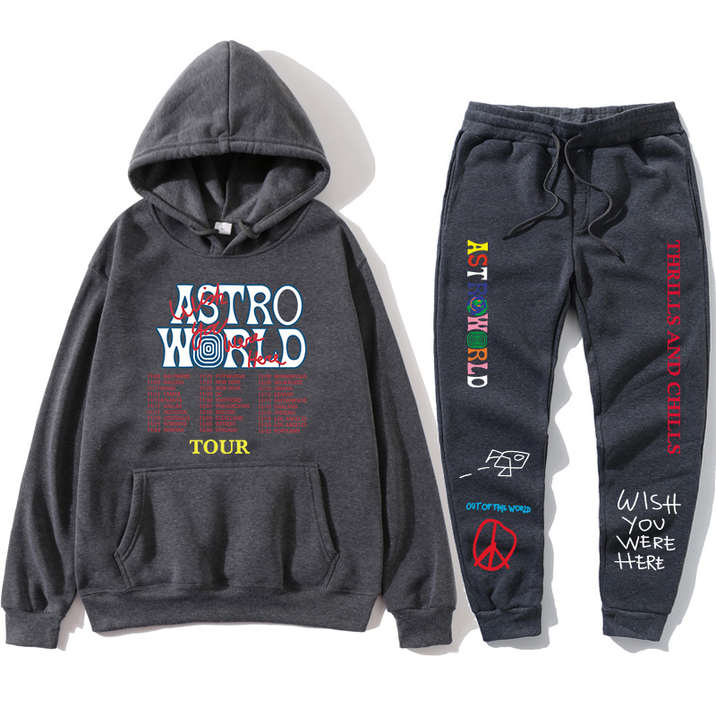 

TRAVIS SCOTT ASTROWORLD HOODIES Letters Print Sweatshirt+Sweatpant mens Pullover Sweatshirt Hoodie Sports Pants tracksuit men, Dark gray