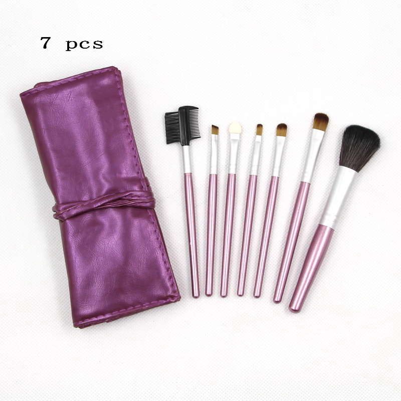 

7 pcs Purple Make Up Brushes Leather Bag Silver Pink Gold Brown Black Wooden Makeup Brush