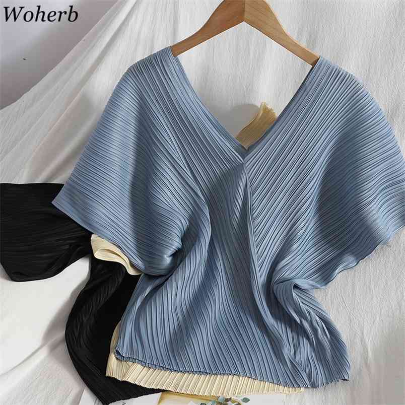 

Summer Loose All Match T-shirt Women Korean Chic Sexy V-neck Solid Pleated T Shirt Casual Thin Tops Tee Shirts Femme 210519, Apricot