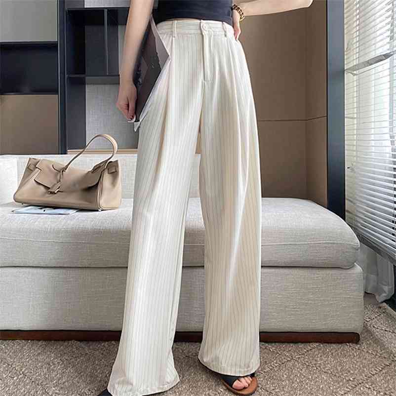 

Autumn Long Striped Pants Vintage Female High Waist Casual Wide Leg Thin Trousers Streetwear Office Lady Bottoms 210519, Beige