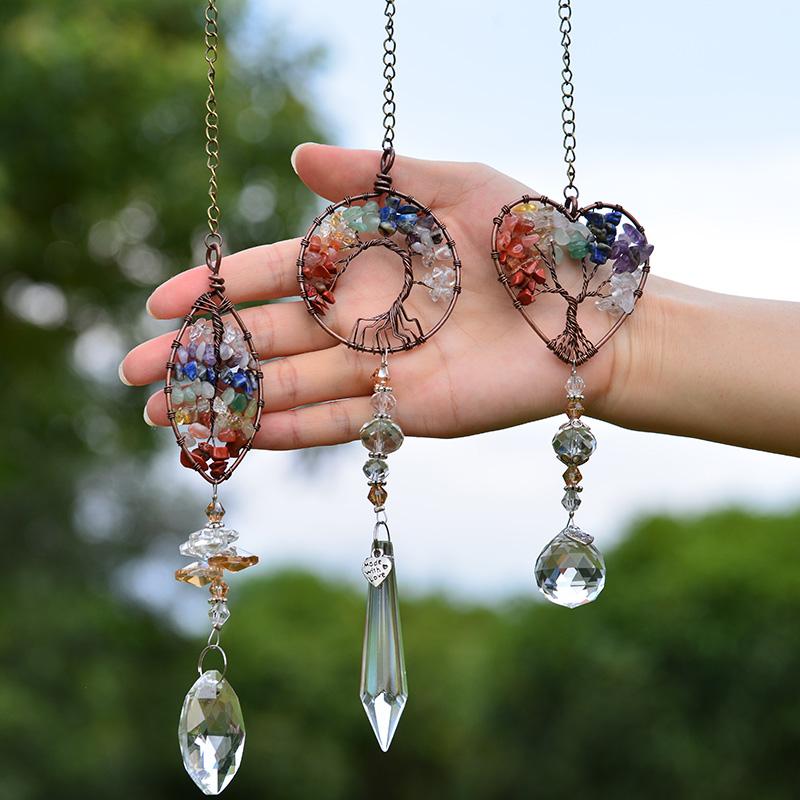 

Healing Spiritual Home Window wall Hanging pendant Decor Tree Of Life hang Chakra Stone Prism Natural Crystal Charm Ornament
