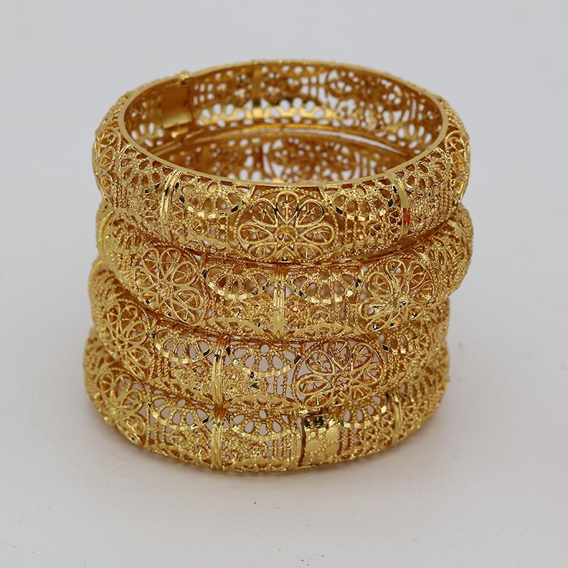 

Bangle 4pcs / Lot Saudi Arabic Gold Color Bracelets For Women 24K African Bangles Ethiopian Africa Wedding Jewelry Gifts