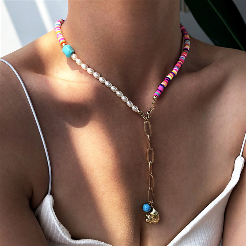 

Bohemia Beaded Necklaces Color Roulette Necklace Double Chain Resin Flowers Fruit Strawberry Chili Bead Imitation Pearl Gold Chokers For Women Beach Jewelry