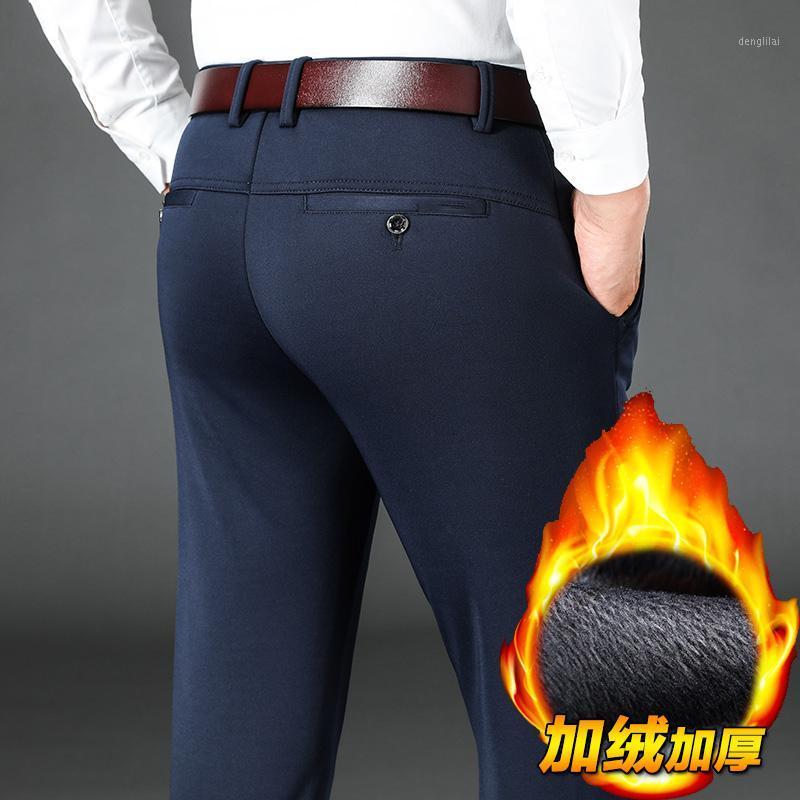 

Men's Pants 2021 Winter Brand Classic Fitted Straight Stretch Fleece Thick Warm Business Casual High Waist Slim, Black fleece