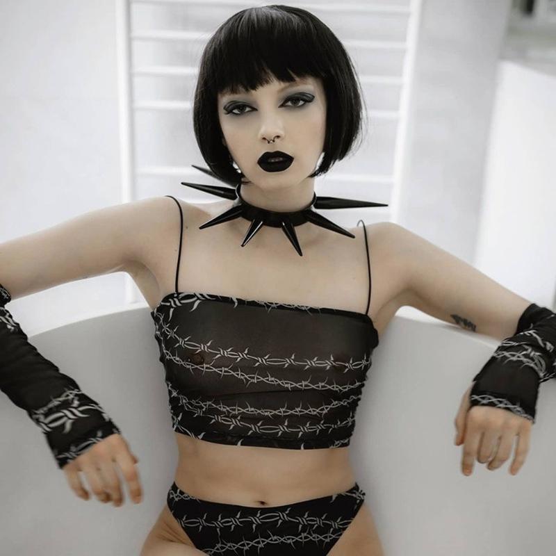 

Women' Tanks & Camis Mesh Mall Gothic Punk Aesthetic Women Emo Grunge Sexy Backless Alt Clothes Bodycon Summer Crop Tops With Gloves, Black