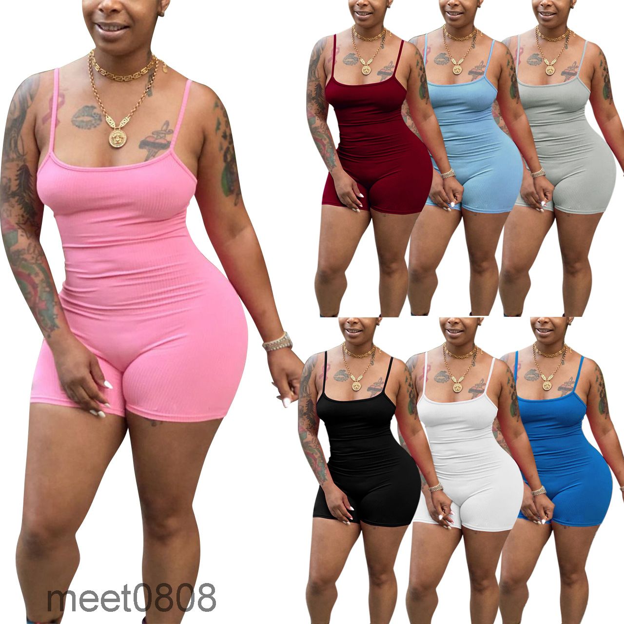 

Women Jumpsuit 2021 summer New Designer Fashion women' suspender elastic thread solid color Onesies Solid color Slim sleeveless shorts Rompers meet0808, White
